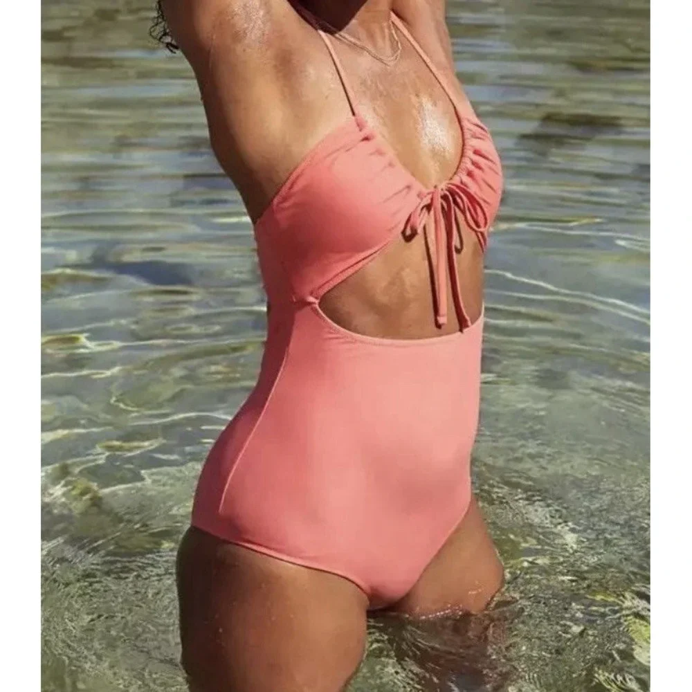 Aerie Cut Out One Piece Bathing Suit Women's‎ Medium Pink Swimsuit Beach New - Picture 2 of 12
